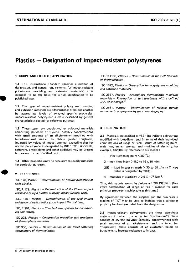 ISO 2897:1976 - Plastics -- Designation of impact-resistant polystyrenes