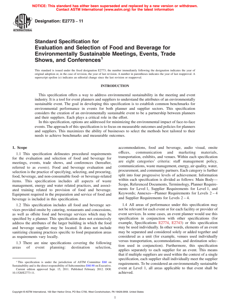 ASTM E2773-11 - Standard Specification for Evaluation and Selection of Food and Beverage for Environmentally Sustainable Meetings, Events, Trade Shows, and Conferences (Withdrawn 2020)