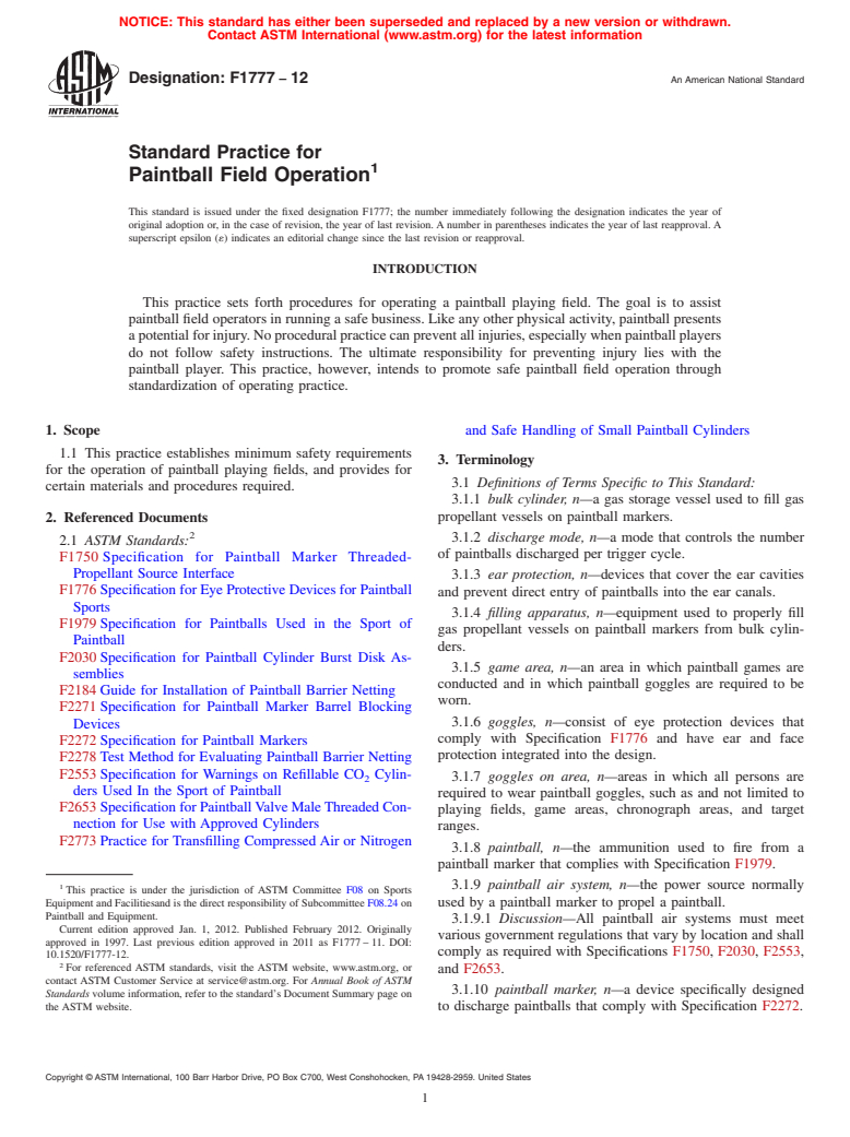 ASTM F1777-12 - Standard Practice for  Paintball Field Operation