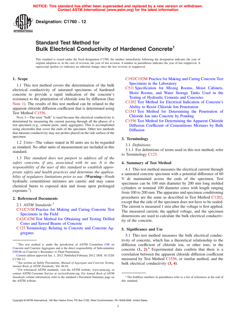 ASTM C1760-12 - Standard Test Method for Bulk Electrical Conductivity of Hardened Concrete (Withdrawn 2021)