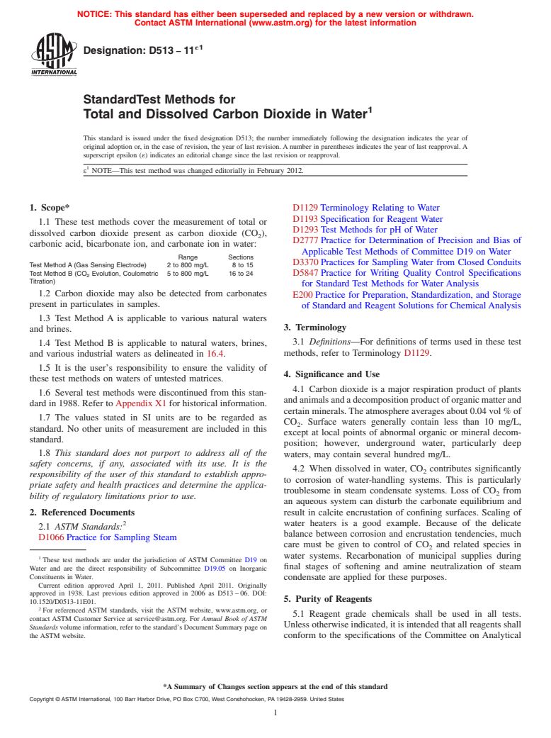 ASTM D513-11e1 - Standard Test Methods for Total and Dissolved Carbon Dioxide in Water