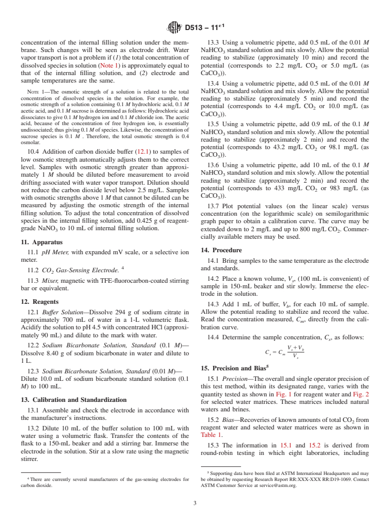 ASTM D513-11e1 - Standard Test Methods for Total and Dissolved Carbon Dioxide in Water