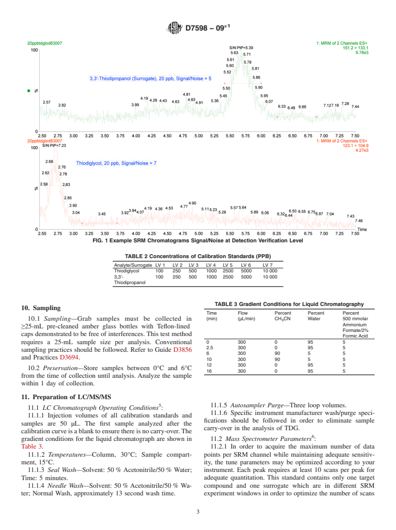 ASTM D7598-09e1 - Standard Test Method for Determination of Thiodiglycol in Water by Single Reaction Monitoring Liquid Chromatography/Tandem Mass Spectrometry