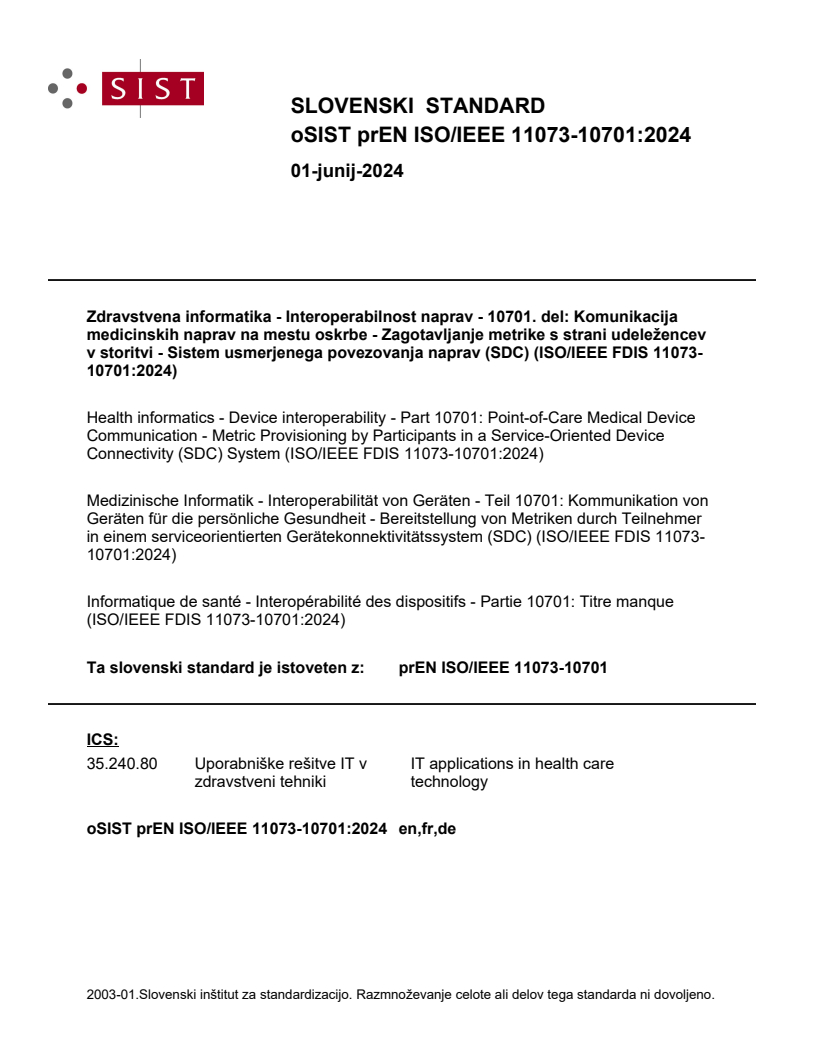 prEN ISO/IEEE 11073-10701:2024