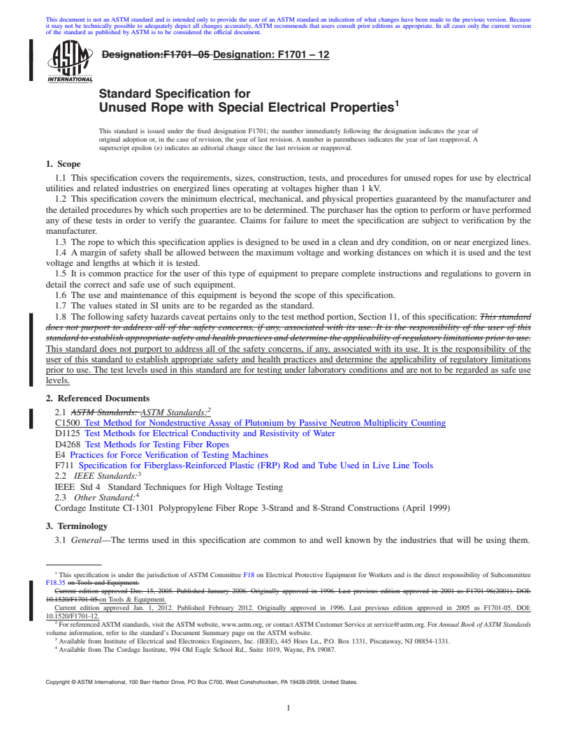 REDLINE ASTM F1701-12 - Standard Specification for  Unused Rope with Special Electrical Properties