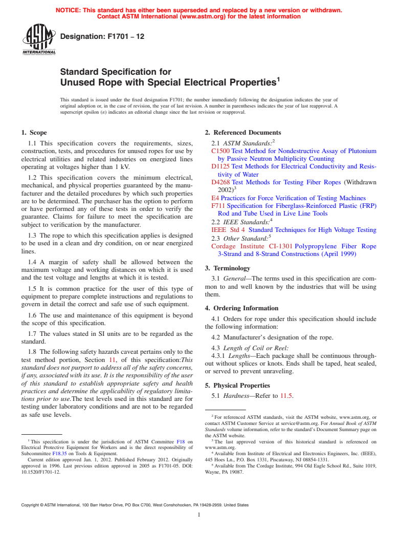 ASTM F1701-12 - Standard Specification for  Unused Rope with Special Electrical Properties