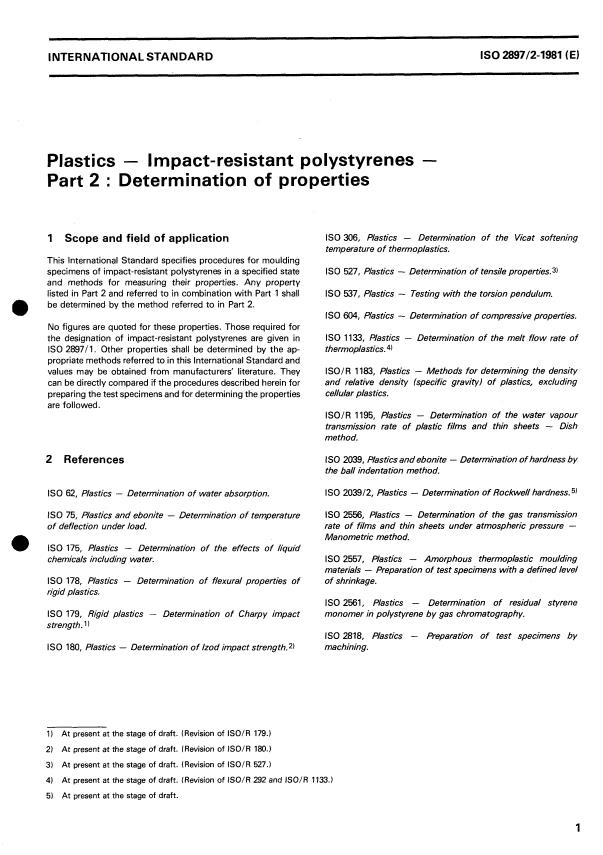 ISO 2897-2:1981 - Plastics -- Impact-resistant polystyrenes