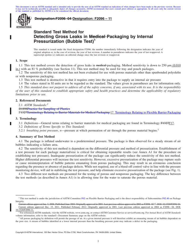 REDLINE ASTM F2096-11 - Standard Test Method for Detecting Gross Leaks in Packaging by Internal Pressurization (Bubble Test)