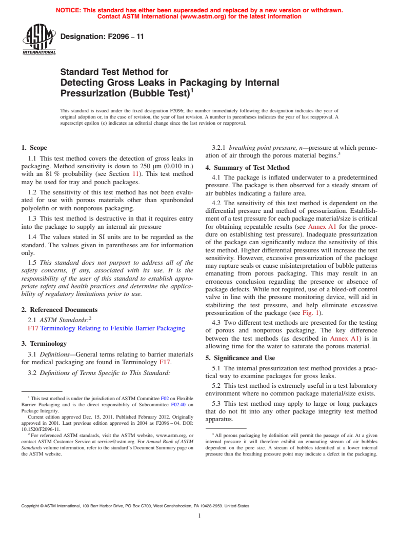 ASTM F2096-11 - Standard Test Method for Detecting Gross Leaks in Packaging by Internal Pressurization (Bubble Test)