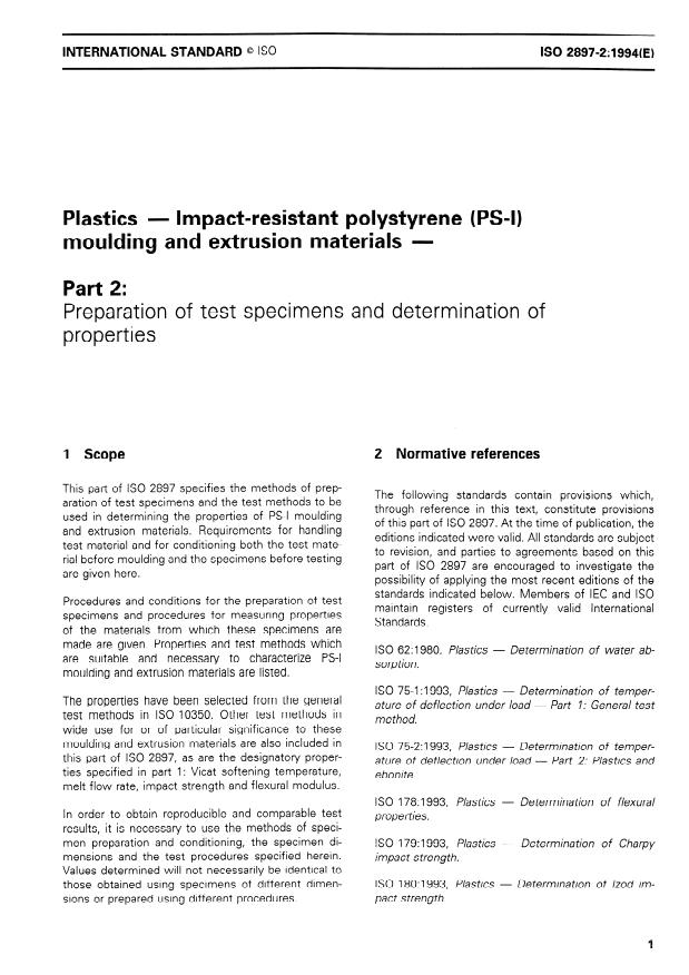 ISO 2897-2:1994 - Plastics -- Impact-resistant polystyrene (PS-I) moulding and extrusion materials