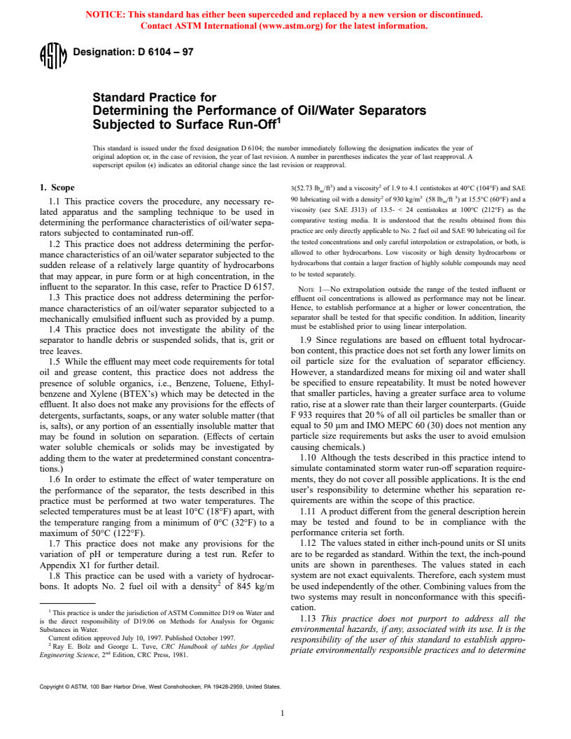 ASTM D6104-97 - Standard Practice for Determining the Performance of Oil/Water Separators Subjected to Surface Run-Off