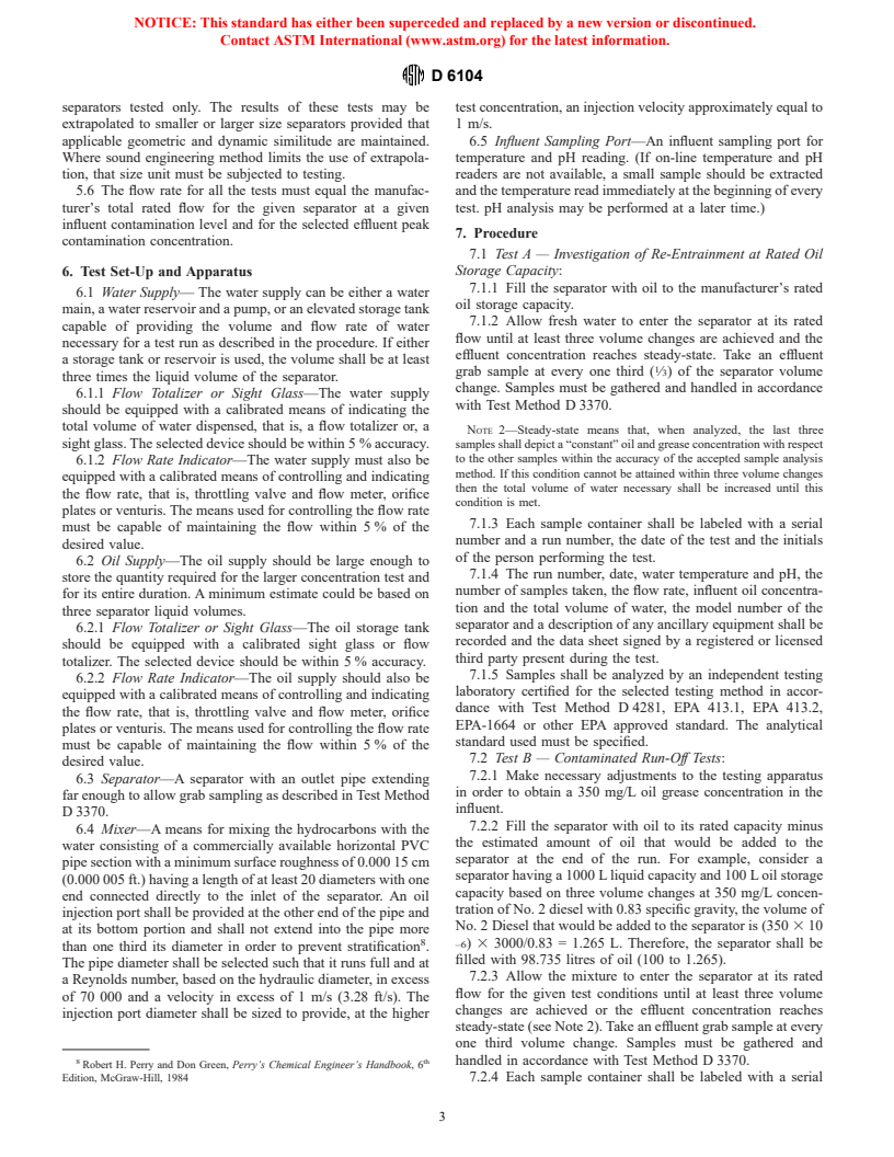 ASTM D6104-97 - Standard Practice for Determining the Performance of Oil/Water Separators Subjected to Surface Run-Off