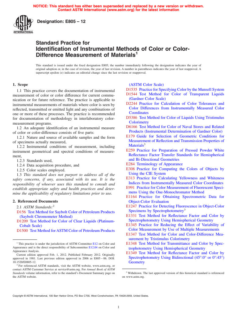 ASTM E805-12 - Standard Practice for  Identification of Instrumental Methods of Color or Color-Difference   Measurement of Materials