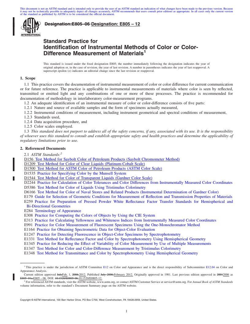 REDLINE ASTM E805-12 - Standard Practice for  Identification of Instrumental Methods of Color or Color-Difference   Measurement of Materials