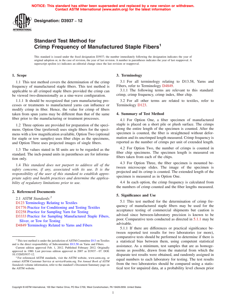 ASTM D3937-12 - Standard Test Method for  Crimp Frequency of Manufactured Staple Fibers