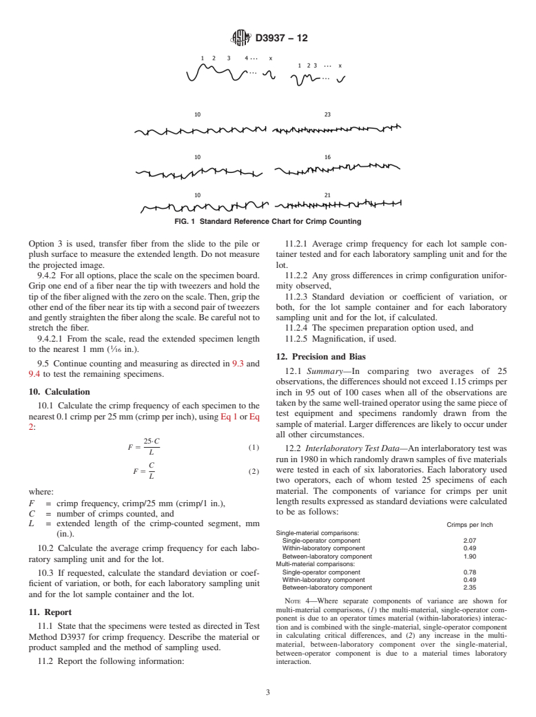 ASTM D3937-12 - Standard Test Method for  Crimp Frequency of Manufactured Staple Fibers