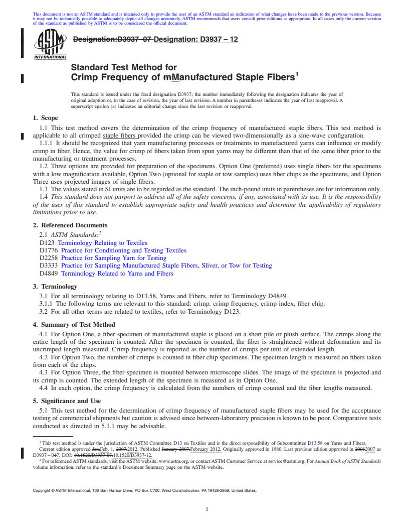 REDLINE ASTM D3937-12 - Standard Test Method for  Crimp Frequency of Manufactured Staple Fibers