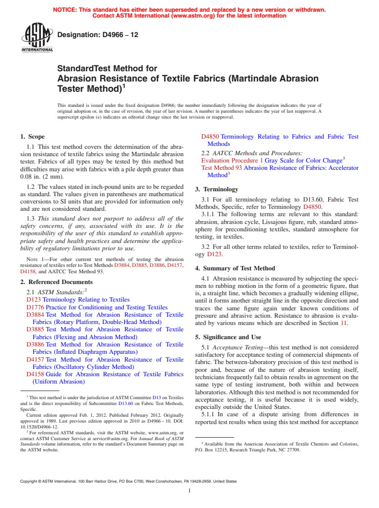 ASTM D4966-12 - Standard Test Method for Abrasion Resistance of Textile Fabrics (Martindale Abrasion Tester Method)