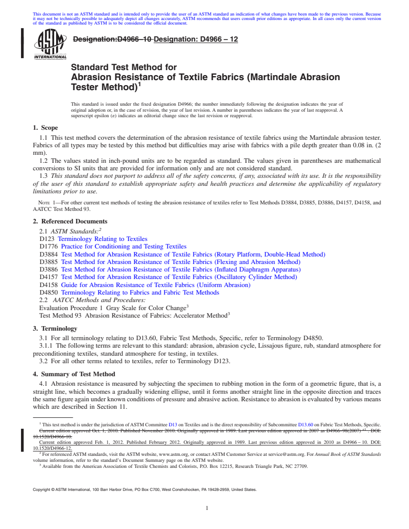 REDLINE ASTM D4966-12 - Standard Test Method for Abrasion Resistance of Textile Fabrics (Martindale Abrasion Tester Method)