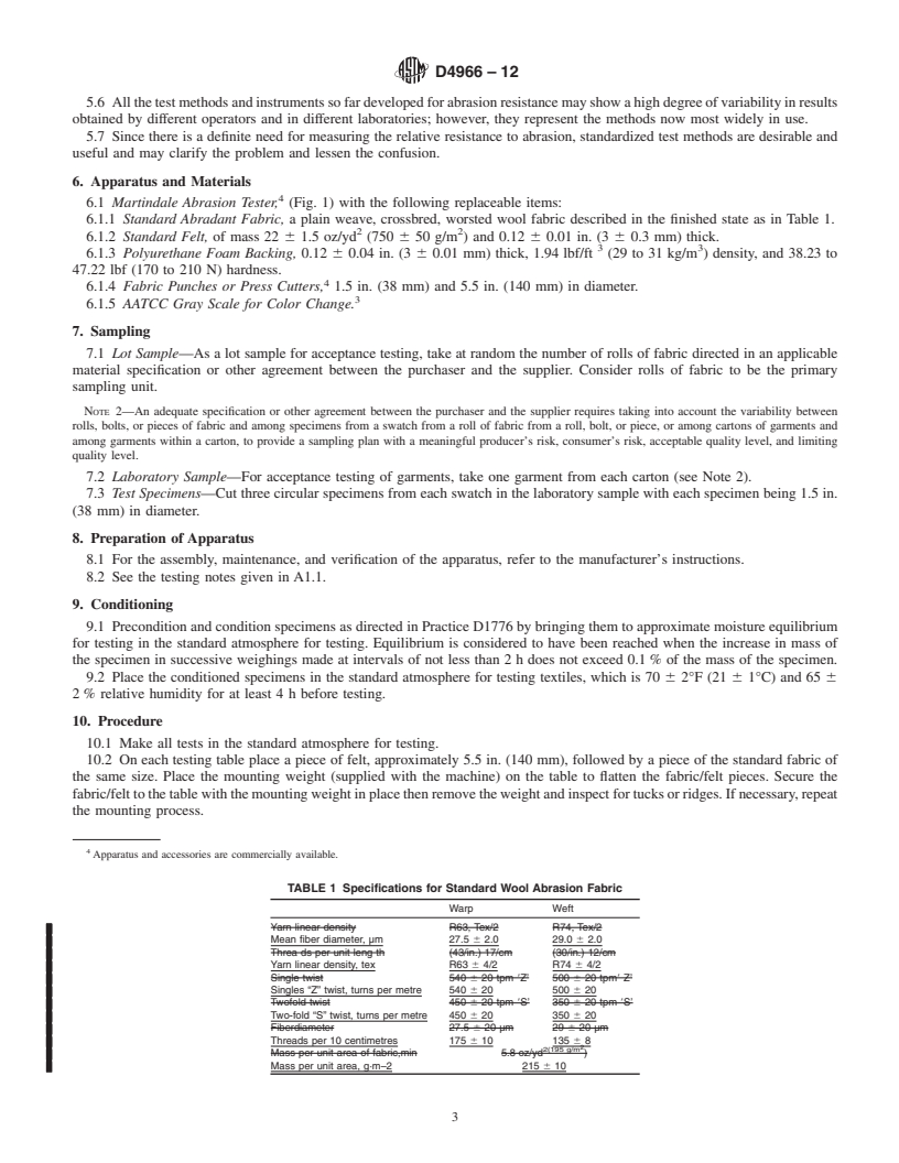 REDLINE ASTM D4966-12 - Standard Test Method for Abrasion Resistance of Textile Fabrics (Martindale Abrasion Tester Method)