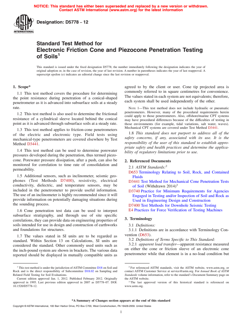 ASTM D5778-12 - Standard Test Method for  Electronic Friction Cone and Piezocone Penetration Testing of Soils