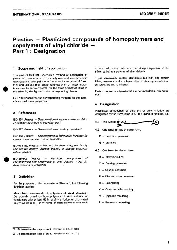 ISO 2898-1:1980 - Plastics -- Plasticized compounds of homopolymers and copolymers of vinyl chloride