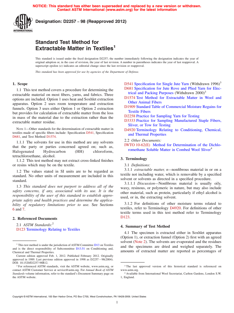 ASTM D2257-98(2012) - Standard Test Method for Extractable Matter in Textiles