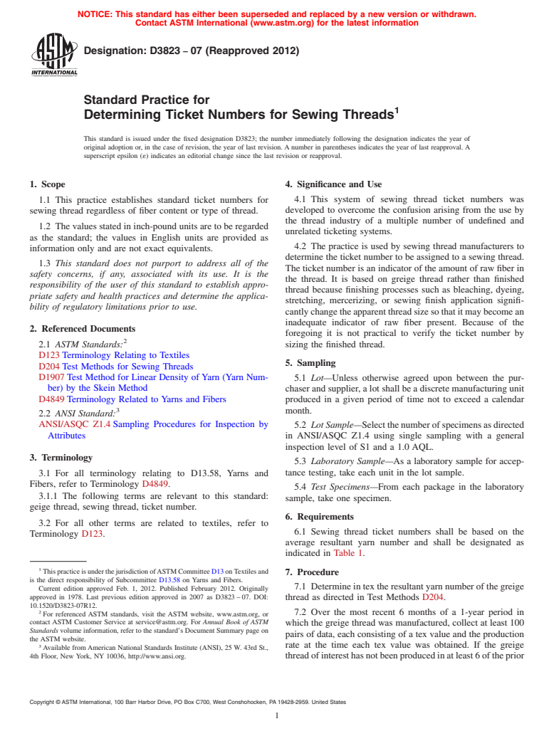 ASTM D3823-07(2012) - Standard Practice for  Determining Ticket Numbers for Sewing Threads