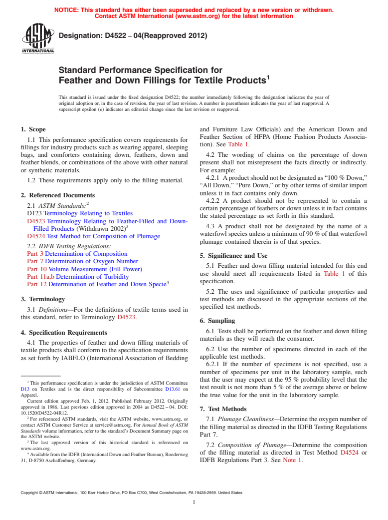 ASTM D4522-04(2012) - Standard Performance Specification for  Feather and Down Fillings for Textile Products