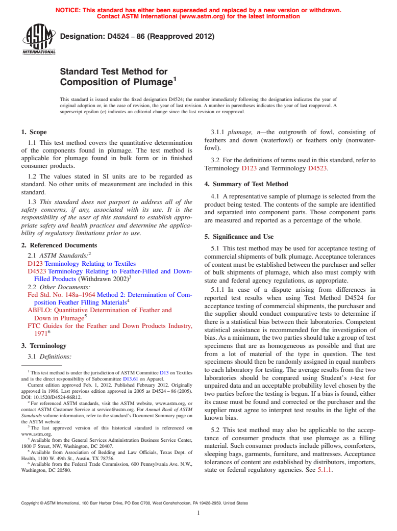 ASTM D4524-86(2012) - Standard Test Method for  Composition of Plumage