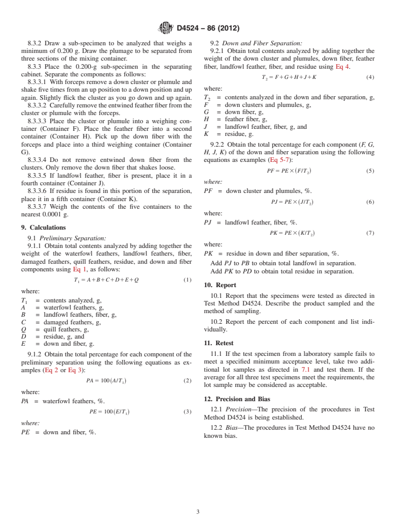 ASTM D4524-86(2012) - Standard Test Method for  Composition of Plumage