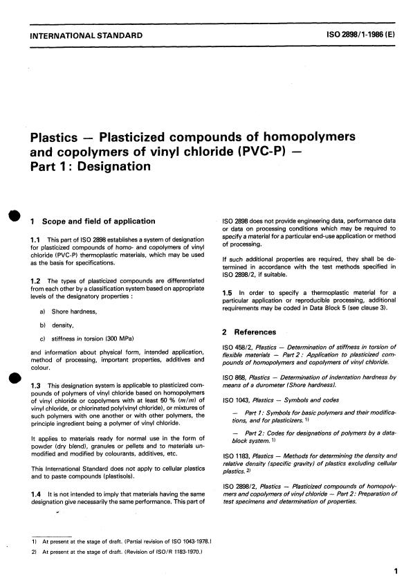 ISO 2898-1:1986 - Plastics -- Plasticized compounds of homopolymers and copolymers of vinyl chloride (PVC-P)