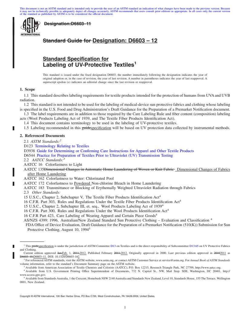 REDLINE ASTM D6603-12 - Standard Specification for Labeling of UV-Protective Textiles