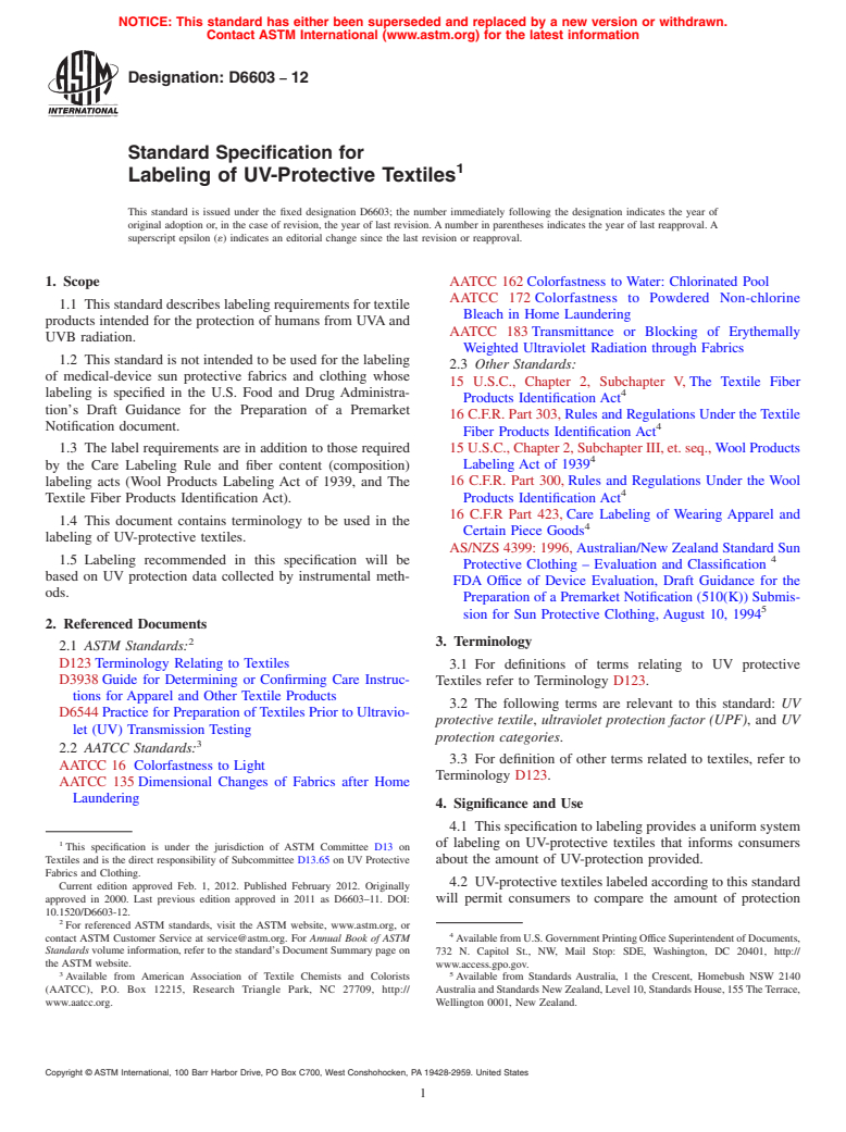 ASTM D6603-12 - Standard Specification for Labeling of UV-Protective Textiles