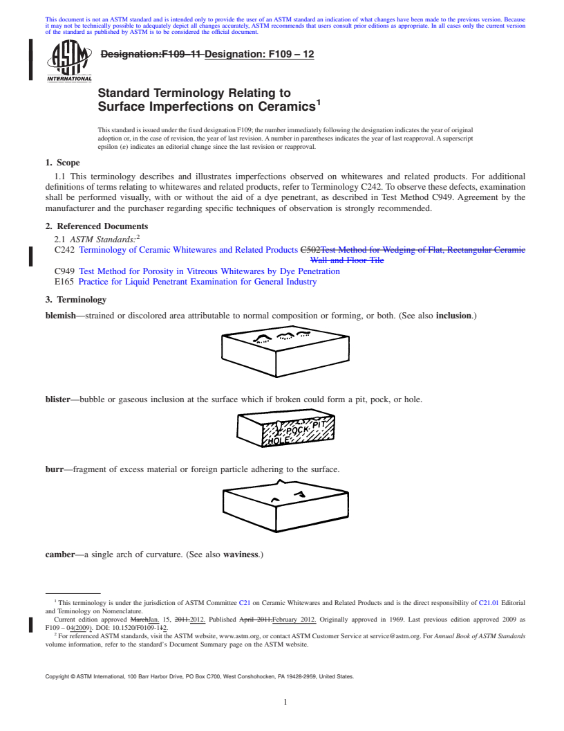 REDLINE ASTM F109-12 - Standard Terminology Relating to Surface Imperfections on Ceramics