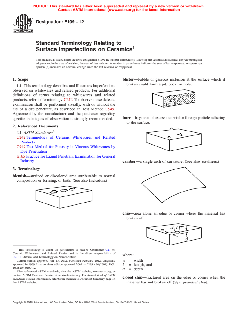 ASTM F109-12 - Standard Terminology Relating to Surface Imperfections on Ceramics