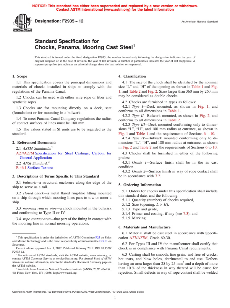 ASTM F2935-12 - Standard Specification for  Chocks, Panama, Mooring Cast Steel