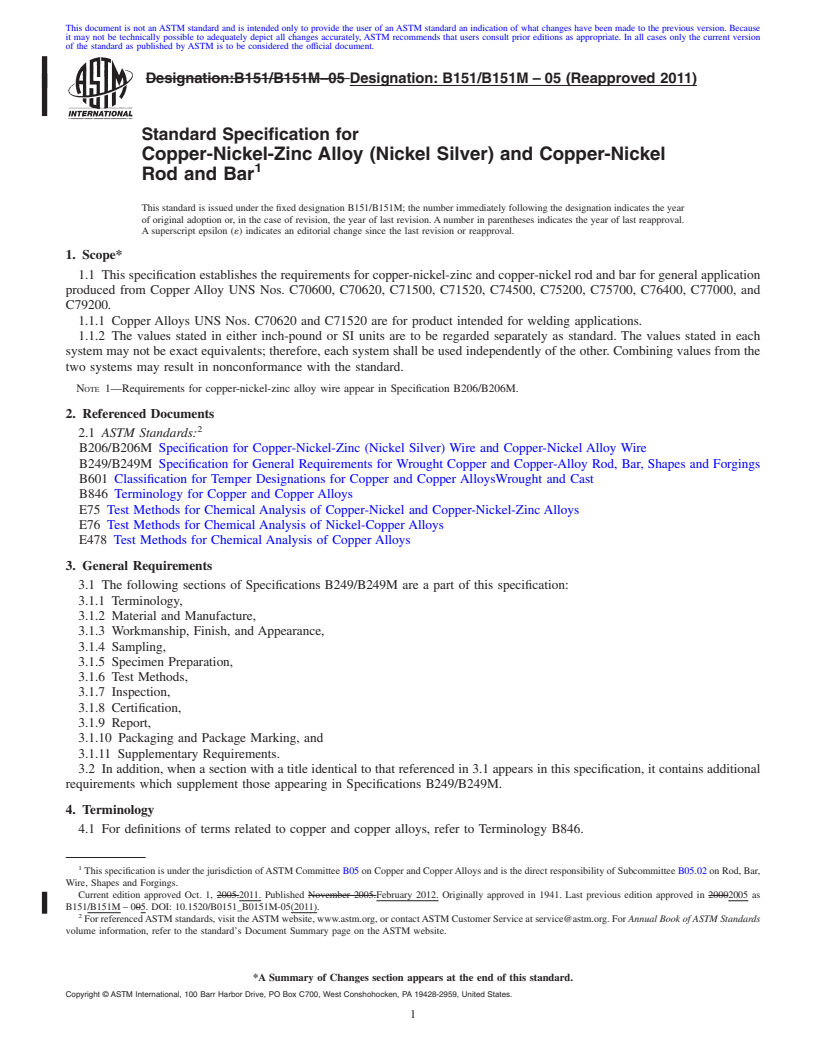 REDLINE ASTM B151/B151M-05(2011) - Standard Specification for  Copper-Nickel-Zinc Alloy (Nickel Silver) and Copper-Nickel Rod and Bar