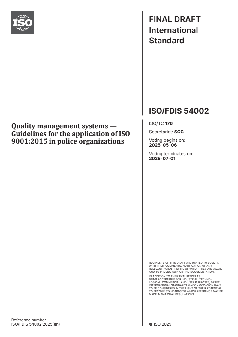 ISO/FDIS 54002 - Quality management systems — Guidelines for the application of ISO 9001:2015 in police organizations
Released:22. 04. 2025