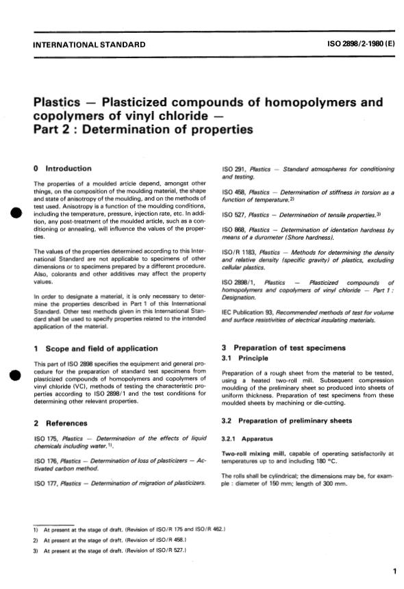 ISO 2898-2:1980 - Plastics -- Plasticized compounds of homopolymers and copolymers of vinyl chloride