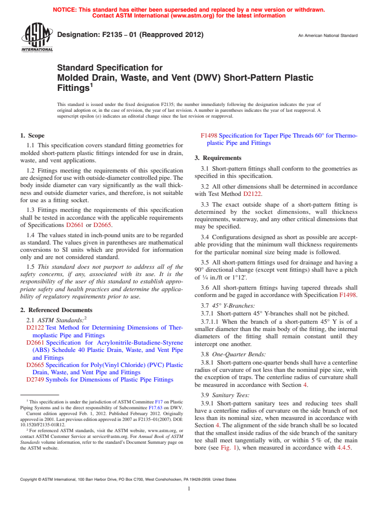 ASTM F2135-01(2012) - Standard Specification for Molded Drain, Waste, and Vent (DWV) Short-Pattern Plastic Fittings