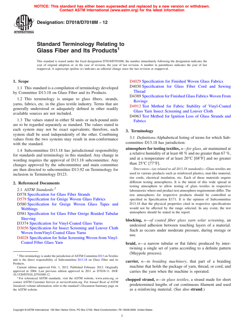 ASTM D7018/D7018M-12 - Standard Terminology Relating to Glass Fiber and Its Products (Withdrawn 2021)