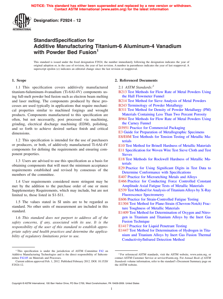 ASTM F2924-12 - Standard Specification for  Additive Manufacturing Titanium-6 Aluminum-4 Vanadium with Powder Bed Fusion