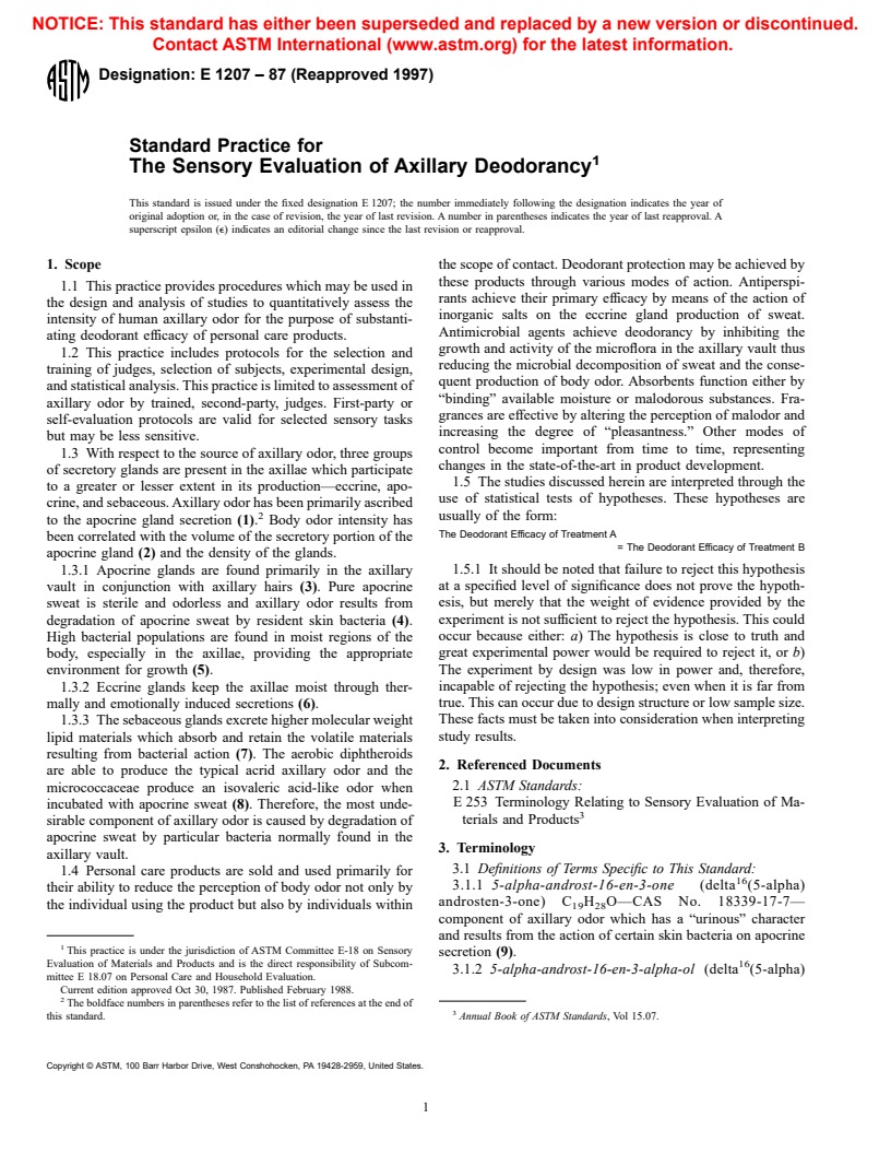 ASTM E1207-87(1997) - Standard Practice for The Sensory Evaluation of Axillary Deodorancy