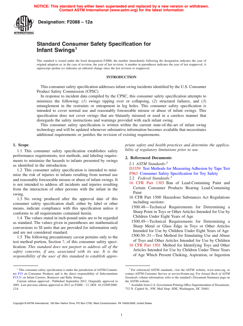 ASTM F2088-12 - Standard Consumer Safety Specification for Infant Swings