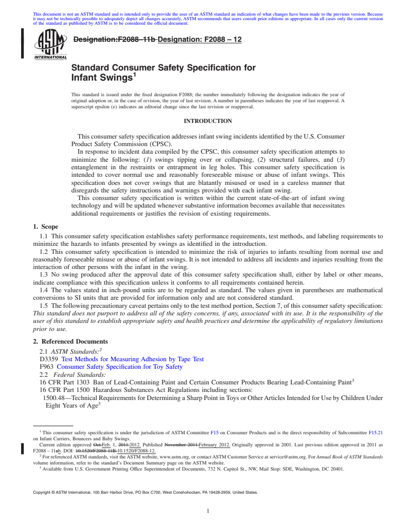 REDLINE ASTM F2088-12 - Standard Consumer Safety Specification for Infant Swings