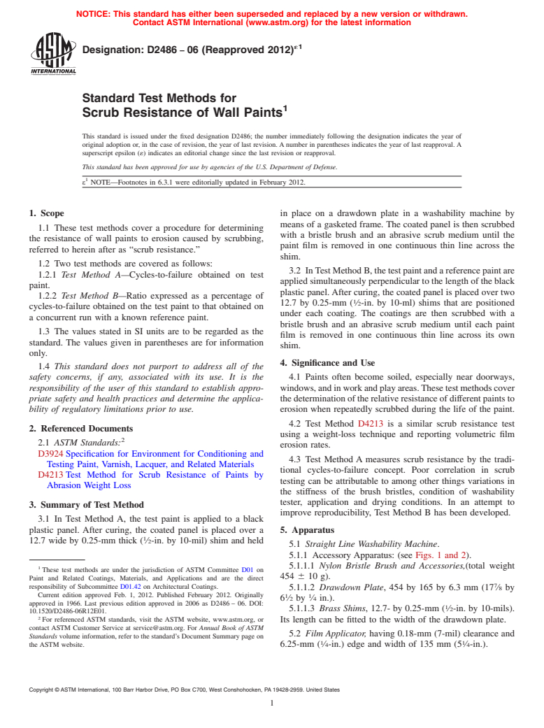 ASTM D2486-06(2012)e1 - Standard Test Methods for Scrub Resistance of Wall Paints