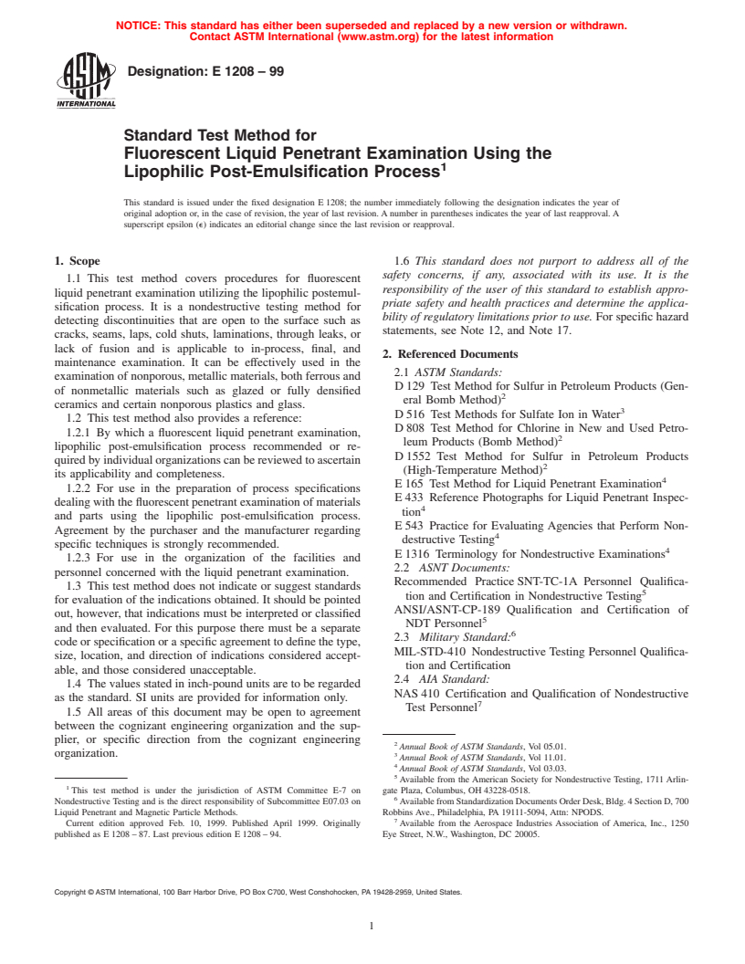 ASTM E1208-99 - Standard Test Method for Fluorescent Liquid Penetrant Examination Using the Lipophilic Post-Emulsification Process