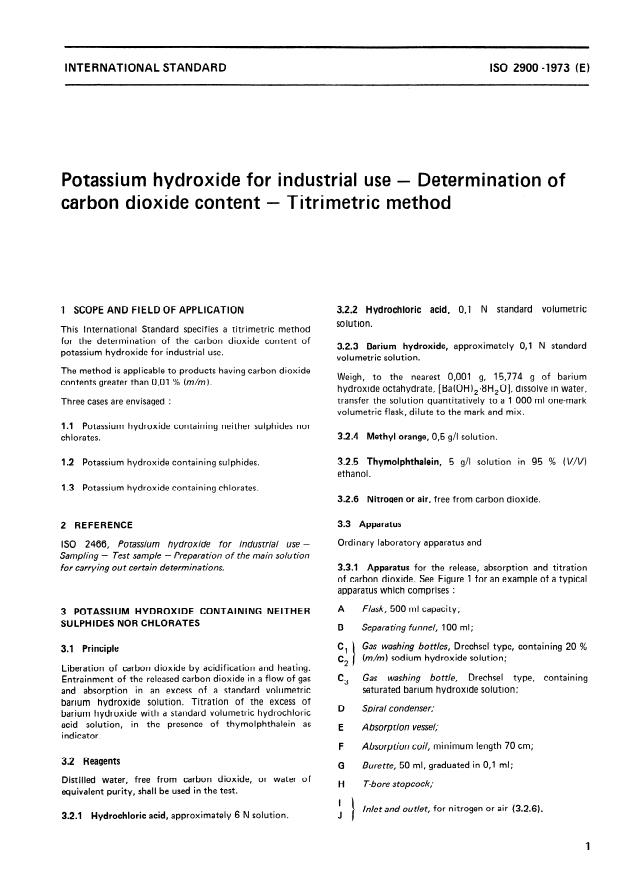 ISO 2900:1973 - Potassium hydroxide for industrial use -- Determination of carbon dioxide content -- Titrimetric method