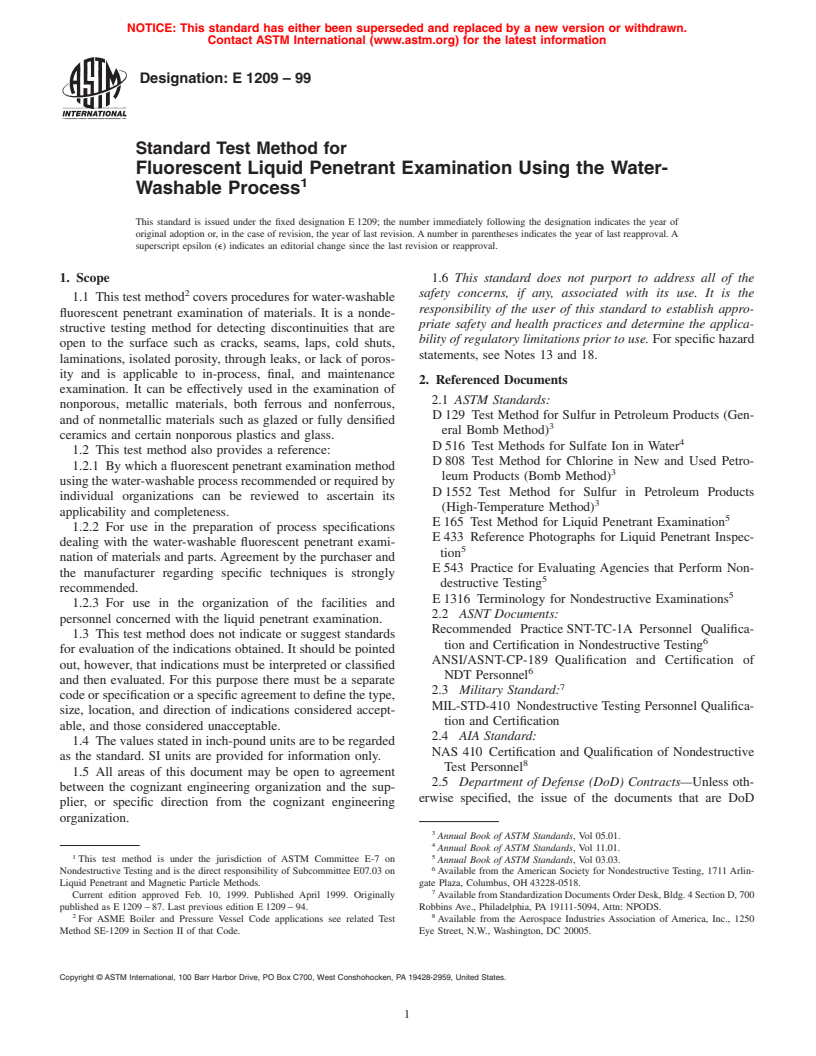 ASTM E1209-99 - Standard Test Method for Fluorescent Liquid Penetrant Examination Using the Water-Washable Process